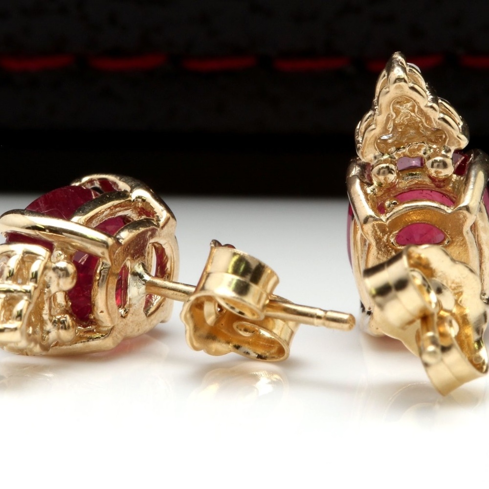 4.20ct Red Ruby & Diamond 14K Yellow Gold Earrings - Picture 4 of 4